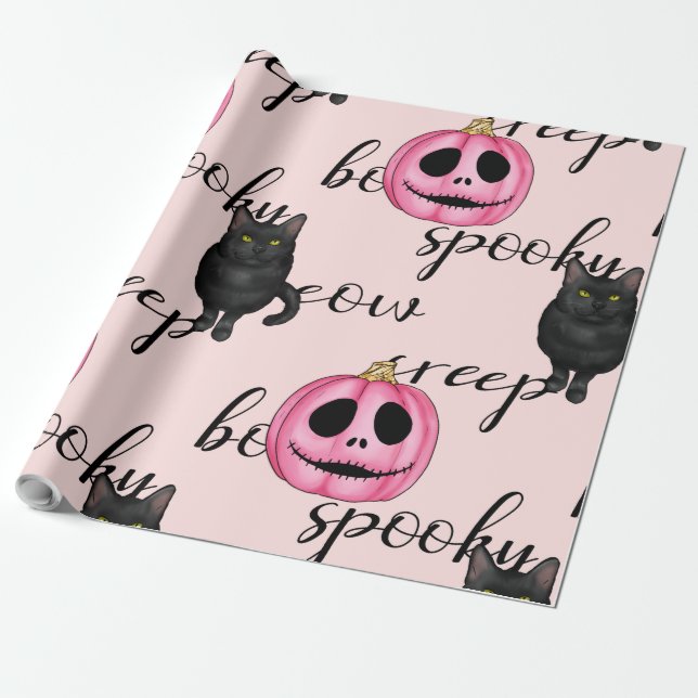 Pink Jack-O-Lantern and Black Cat Wrapping Paper (Unrolled)