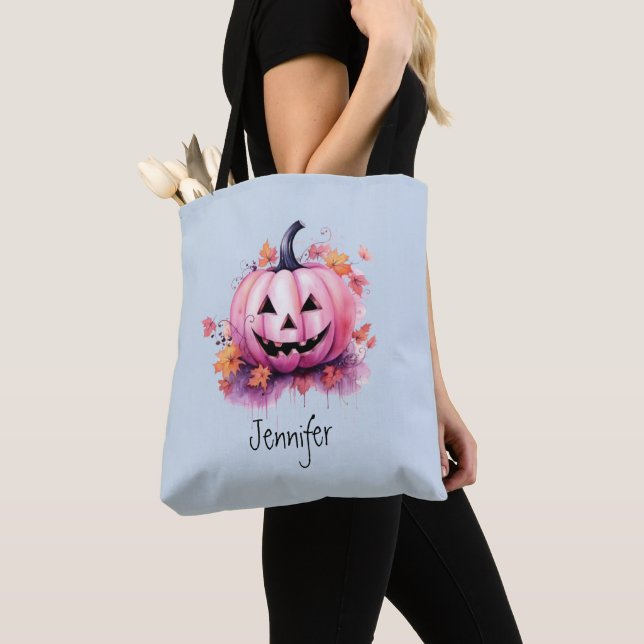 Pink Jack-O' Lantern Light Blue Halloween Tote Bag (Close Up)