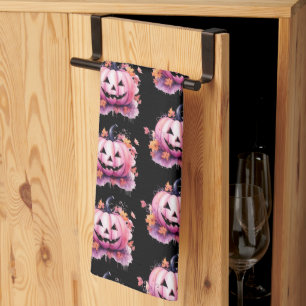 Pink Jack-O' Lantern Orange Leaves Black Halloween Kitchen Towel