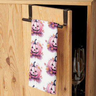 Pink Jack-O' Lantern Orange Leaves White Halloween Kitchen Towel