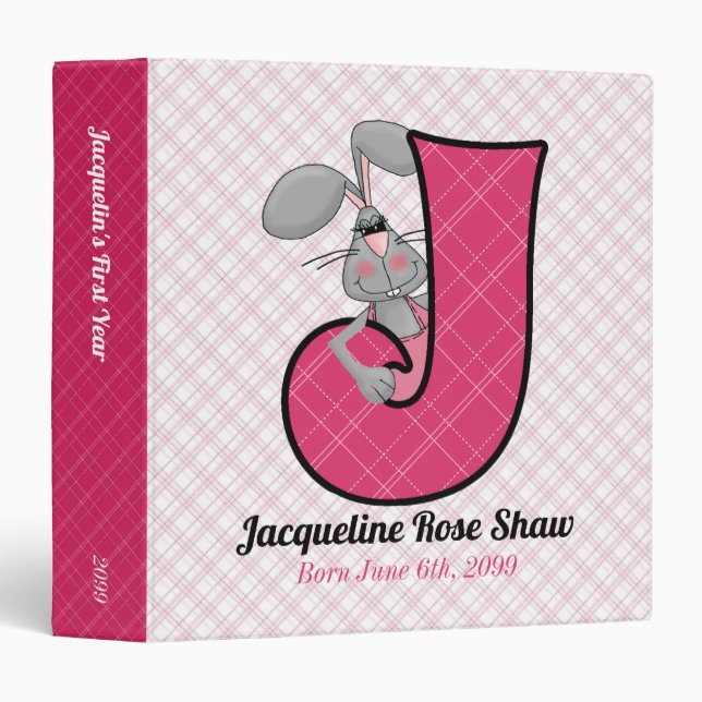 Pink Jackrabbit Monogram Letter J Baby Scrapbook Binder (Front/Spine)