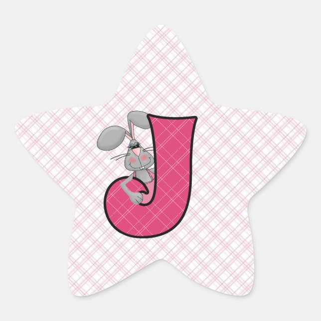 Pink Jackrabbit Monogram Letter J Gingham Star Sticker (Front)