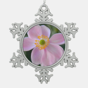 Pink japanese anemone flower snowflake pewter christmas ornament