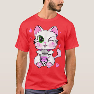 Pink Japanese Cat Neko Strawberry Kawaii Bubble Te T-Shirt