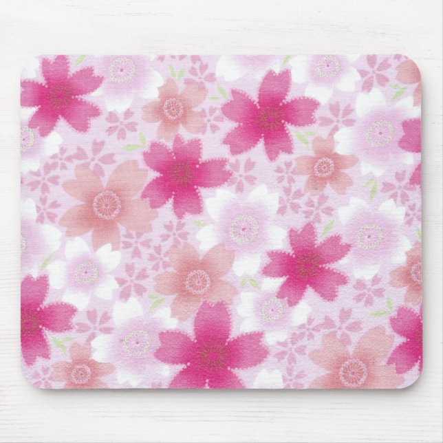 Pink Japanese Floral Print Mousepad (Front)