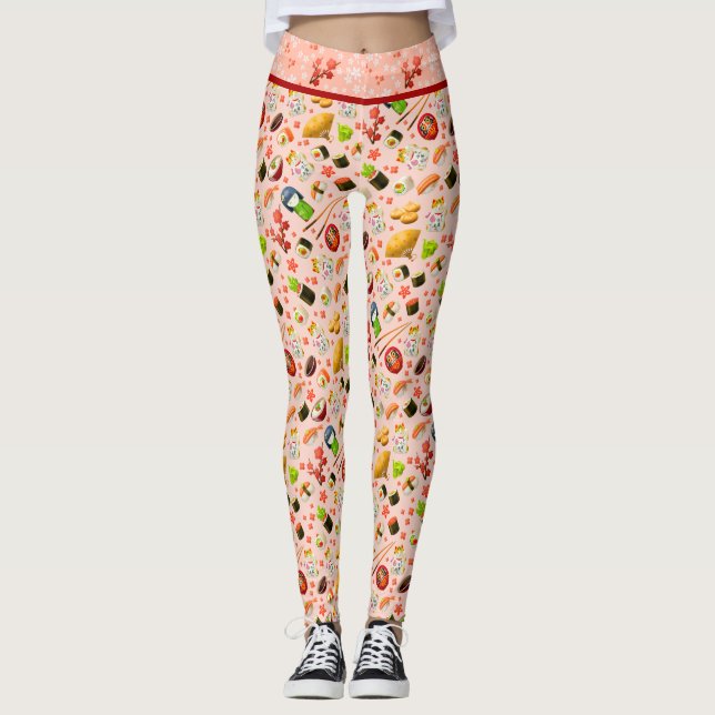 Pink Japanese Maneki Neko Cat and Sushi Leggings (Front)