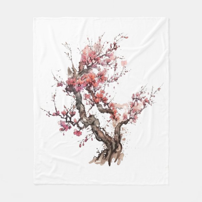 Pink Japanese Sakura Cherry Blossom Watercolor Fleece Blanket (Front)