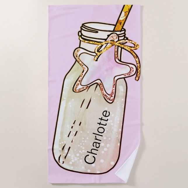 Pink jar bottle name fun pool beach towel (Front)