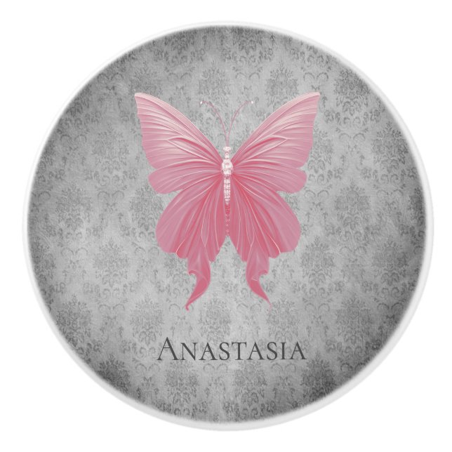 Pink Jewelled Butterfly Ceramic Knob (Front)
