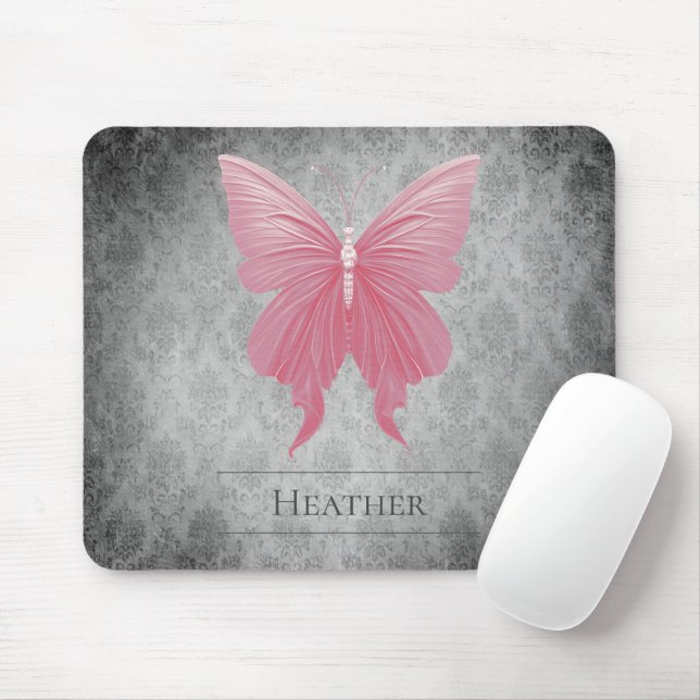 Pink Jewelled Butterfly Damask Mouse Pad (With Mouse)