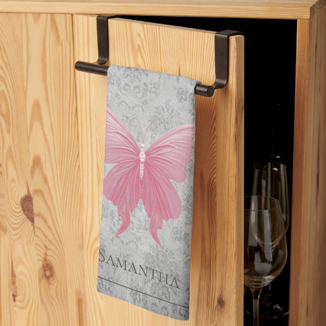 Pink Jewelled Butterfly Kitchen Towel (Thirds Fold)