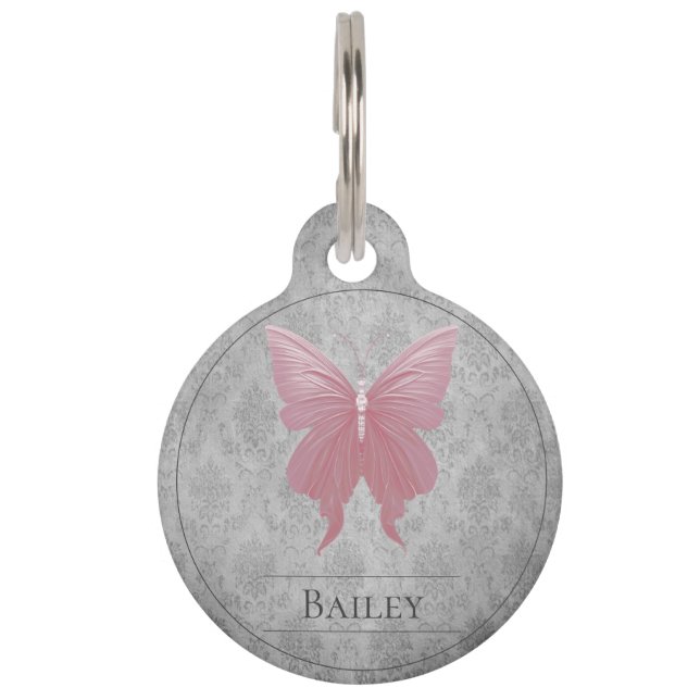 Pink Jewelled Butterfly Round Pet Tag (Front)