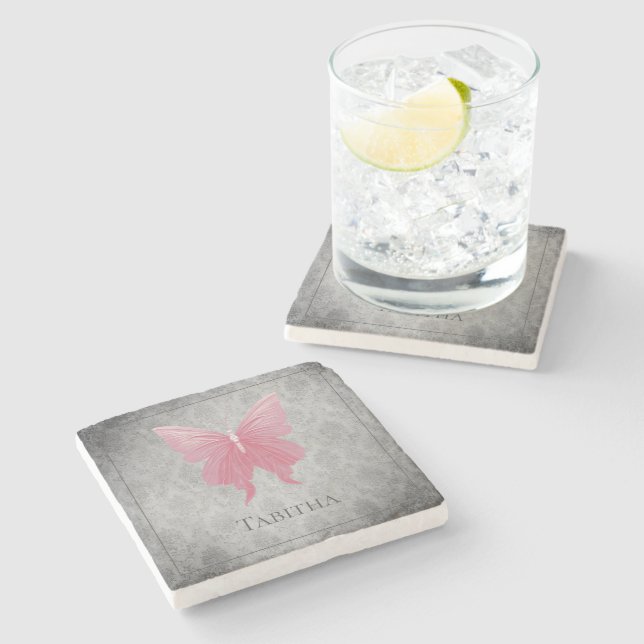 Pink Jewelled Butterfly Stone Coaster (Side)