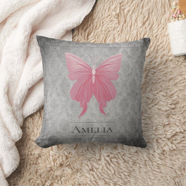 Pink Jewelled Butterfly Throw Pillow (Blanket)