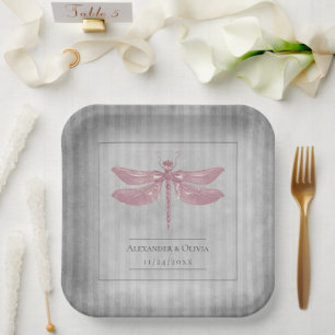 Pink Jewelled Dragonfly Wedding Paper Plate