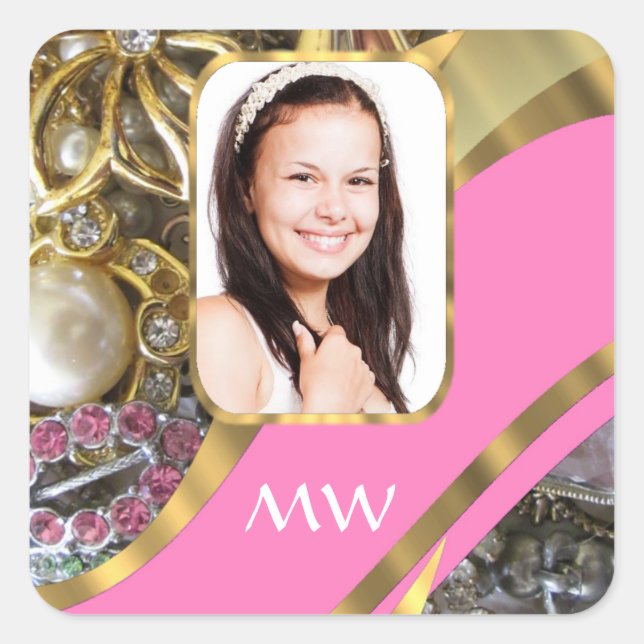 Pink jewellery personalized background square sticker (Front)