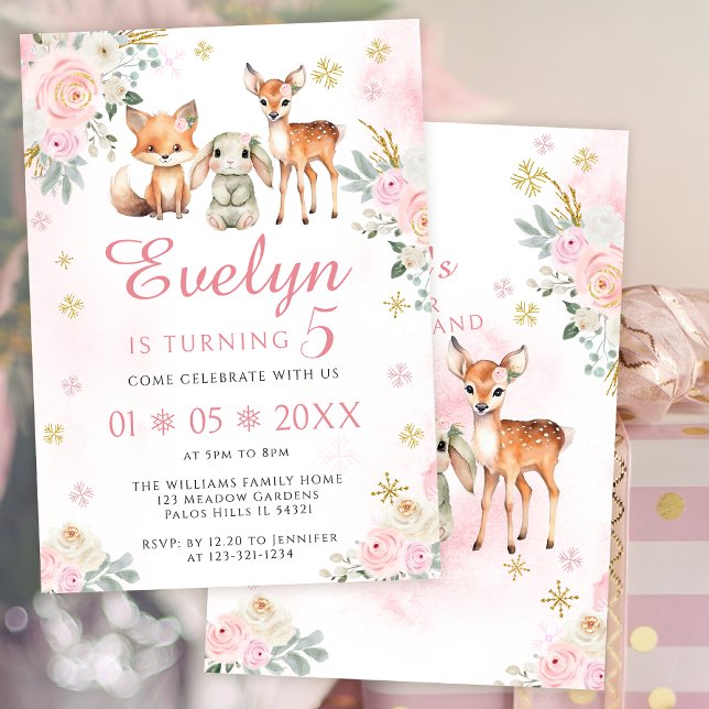 Pink joli hiver boisé invitation fille anniversair (Créateur téléchargé)
