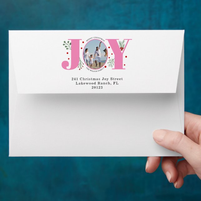 Pink JOY Merry Christmas holiday photo Envelope (Hand)