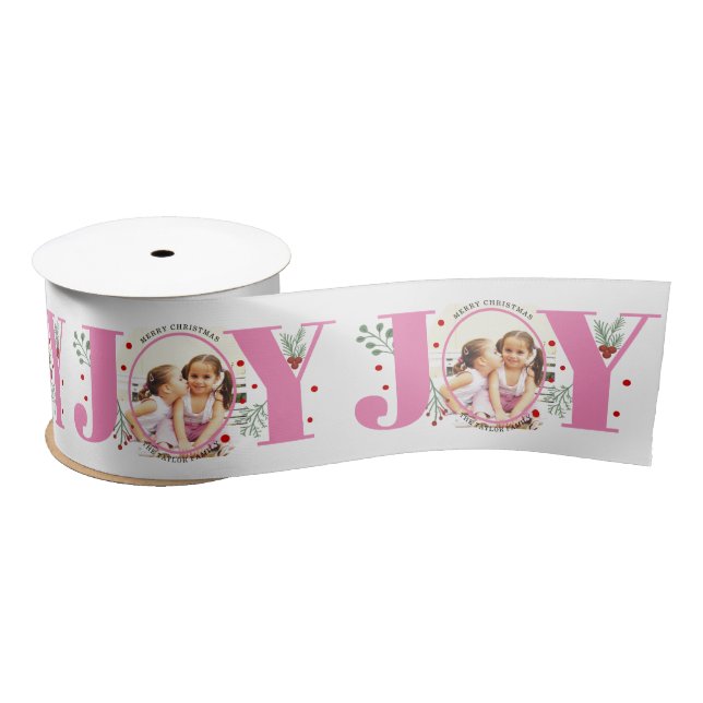 Pink Joy with berries Christmas photo Satin Ribbon (Spool)