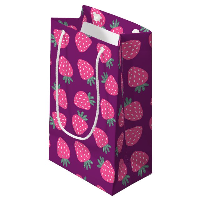 pink juicy strawberry pattern purple background small gift bag (Front Angled)