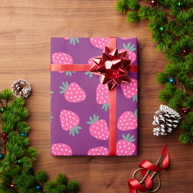 pink juicy strawberry pattern purple background wrapping paper (Holiday Gift)