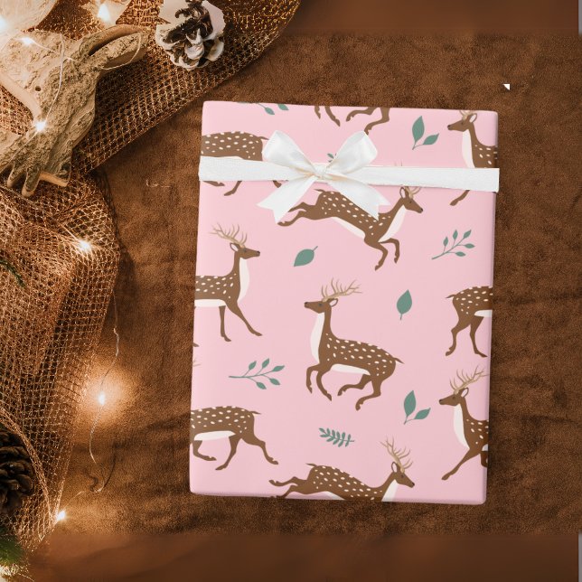 Pink Jumping Deer and leaves  Wrapping Paper (Pink Jumping Deer and leaves Wrapping Paper)