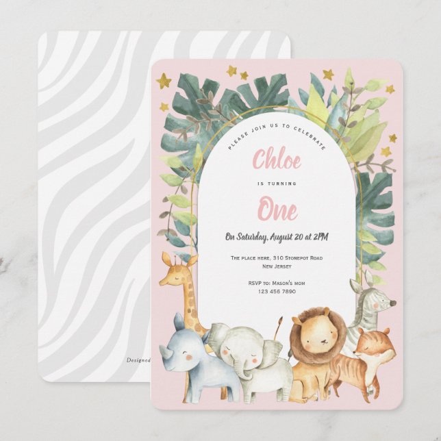 Pink jungle animals, cute girl 1st birthday invitation (Front/Back)