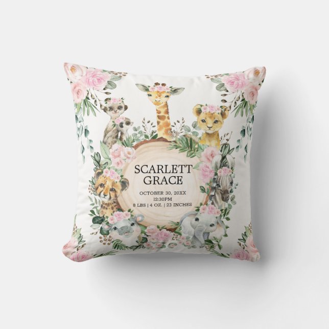 Pink Jungle Safari Animal Birth Stats Girl Nursery Throw Pillow (Front)