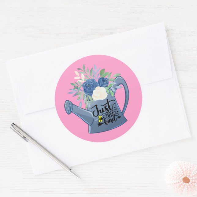 Pink Just Bee Kind Floral Watering Can Positivity  Classic Round Sticker (Envelope)