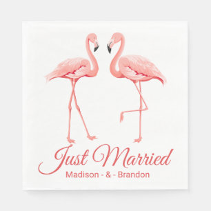 Pink Just Married Flamingo Tropical Wedding Beach Napkin