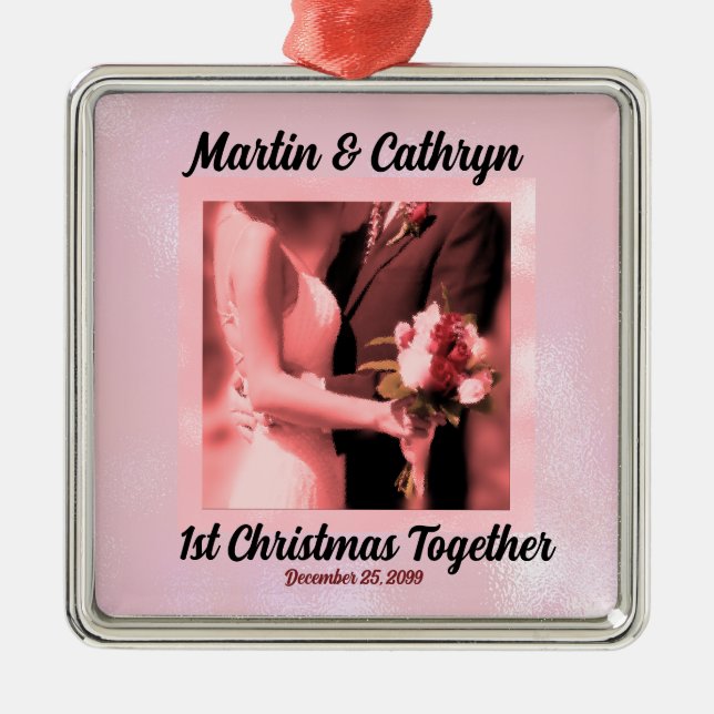 Pink Just Married with Name and Year 1st Christmas Metal Ornament (Front)