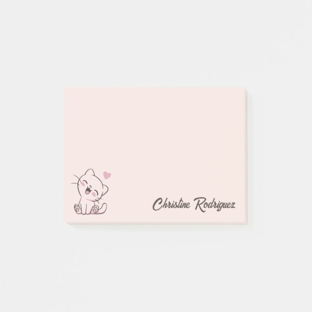 Pink Kawaii Cat Personalized Text Post-it Notes (Front)