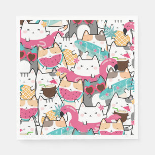 Pink Kawaii Cats Pool Party Birthday Napkin