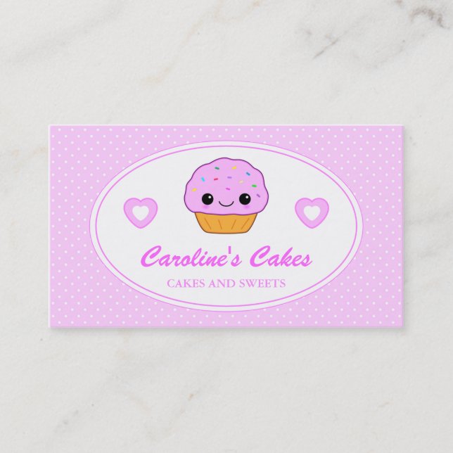 Pink Kawaii Cupcake Bakery Cake Business Card (Front)