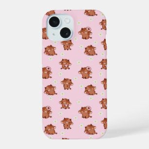 Pink Kawaii Highland Cows Seamless Pattern iPhone 15 Case