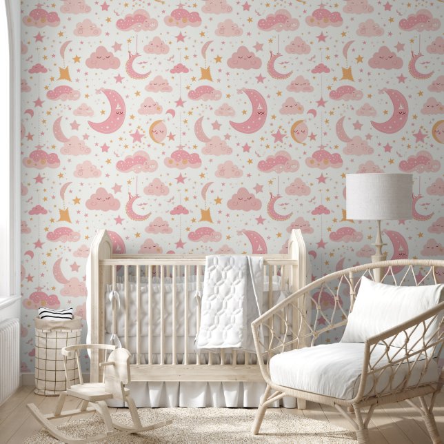 Pink Kawaii Night Sky Pattern Baby Nursery Wallpaper (Kids)