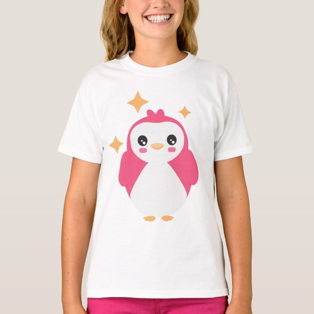 Pink Kawaii Penguin on girls t-shirt (Front)
