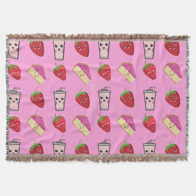 PINK KAWAII STRAWBERRY AND CHEESECAKE THROW BLANKET (Front)