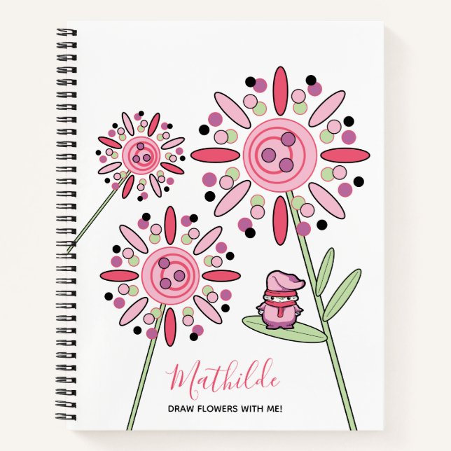 Pink Kawaii Woodlands Sprite and Flowers Name Notebook (Front)