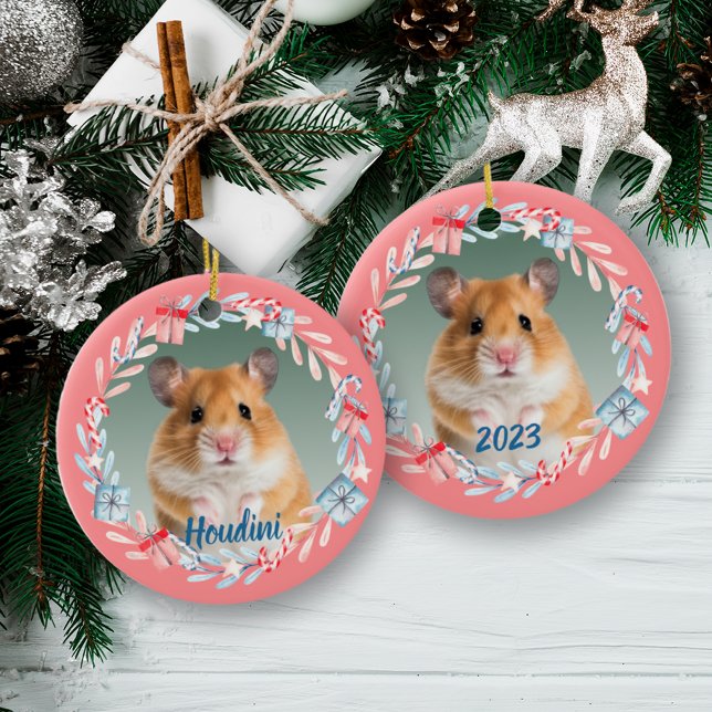 Pink Keepsake Photo Holiday Wreath Ceramic Ornament (Creator Uploaded)
