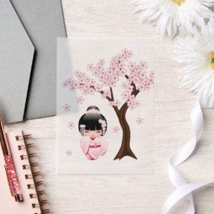 Pink Kimono Kawaii Kokeshi Doll Insert Vellum Invitations