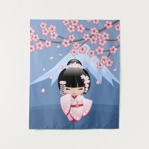 Pink Kimono Kawaii Kokeshi Doll Mountain on Blue Tapestry