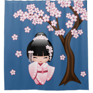 Pink Kimono Kawaii Kokeshi Doll on Blue