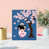 Pink Kimono Kawaii Kokeshi Doll on Blue