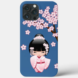 Pink Kimono Kawaii Kokeshi Doll on Blue iPhone 13 Pro Max Case