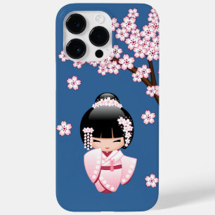 Pink Kimono Kawaii Kokeshi Doll on Blue Case-Mate iPhone 14 Pro Max Case