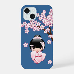 Pink Kimono Kawaii Kokeshi Doll on Blue iPhone 15 Case