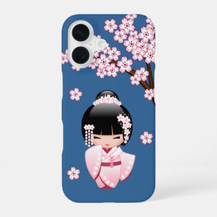 Pink Kimono Kawaii Kokeshi Doll on Blue iPhone 16 Case
