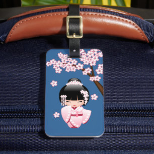 Pink Kimono Kawaii Kokeshi Doll on Blue Luggage Tag