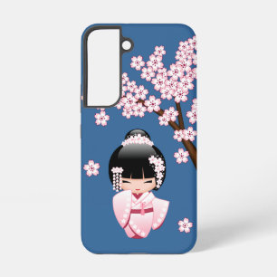 Pink Kimono Kawaii Kokeshi Doll on Blue Samsung Galaxy Case